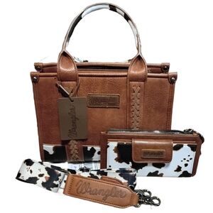 Wrangler Brown and White Cow Print Shoulder Bag Set